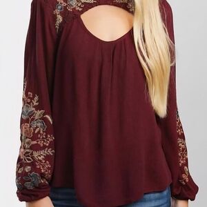 Buckle Burgundy Embroidered Keyhole Blouse
